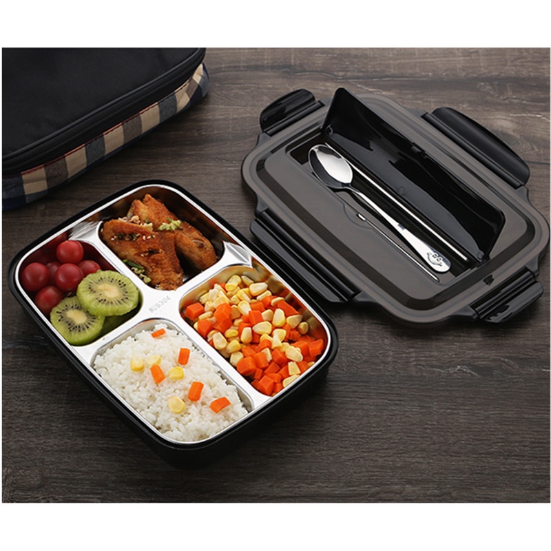 ♣304 Stainless Steel Lunch Box With Spoon Leak proof Lunch Bento Boxes Dinnerware Set Microwave Adult Children Food Cont