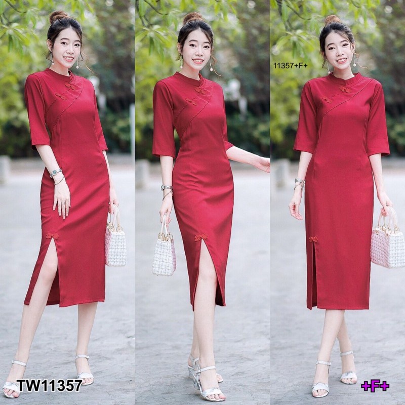 MM11357 Dress เดรสกี่เพ้าคอจีนแขนสี่ส่วน เนื้อผ้าซาร่า ดีเทลแต่งผ้าคาดด้านหน้า Dress Chinese neck ch