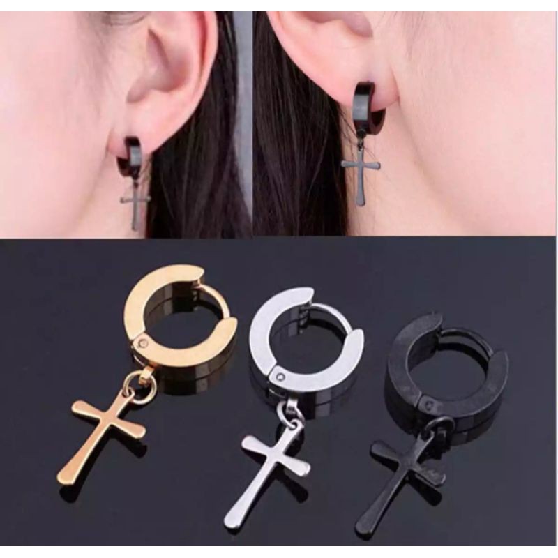 TITANIUM PIERCING EARRINGS/MENS CROSS PIERCING EARRINGS