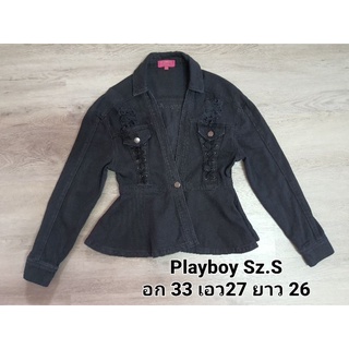 Playboy  เสื้อแจ๊คเก็ตยีนส์ดำ ด้านหลังปักกระต่าย ไซส์ S