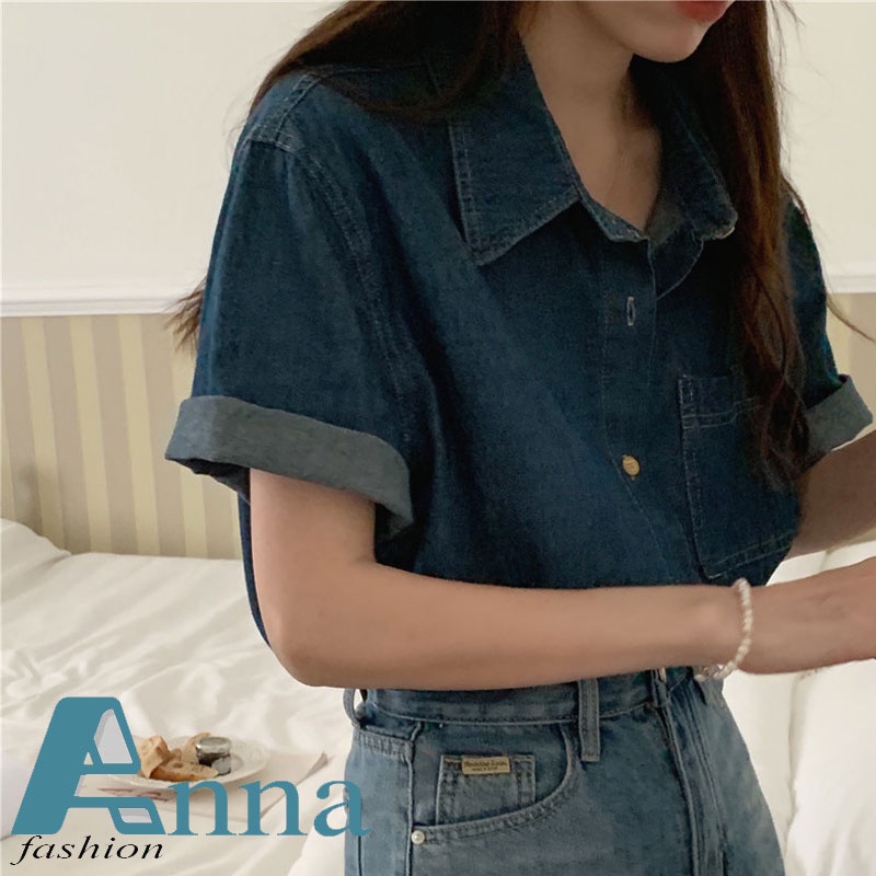 anna 9616 พร้อมส่ง เสื้อเชิ้ตยีนแขนสั้น ทรงหลวม เข้ากับทุกการแต่งกาย แบบเรียบง่าย สไตล์เรโทร Fashion