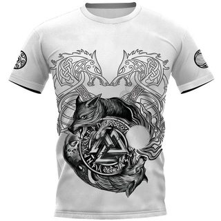 Viking เสื้อยืดลําลอง แขนสั้น พิมพ์ลายหมาป่า 3D แฟชั่นฤดูร้อน สําหรับผู้ชาย 09