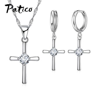 ﻿PATICO ชุดเครื่องประดับสร้อยคอพร้อมจี้ และต่างหูเเงินแท้ 925 Sterling Silver AAA Round White CZ Crystal รุ่น : T33301