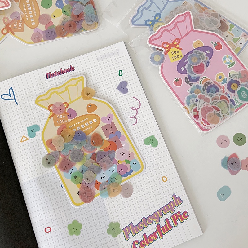 Oya 丨 Infeel.me mini Cute More Mass Sales Package Japanese Paper Sticker Pack Colourful Jelly Bean Series Fresh Handbook สติ๊กเกอร์ตกแต่ง 100 ชิ้น