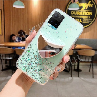 New for VIVO Y21T เคส Soft Glitter Transparent with Make-up Mirror Love Stand Starry Sky Cover VivoY21T เคสโทรศัพท์