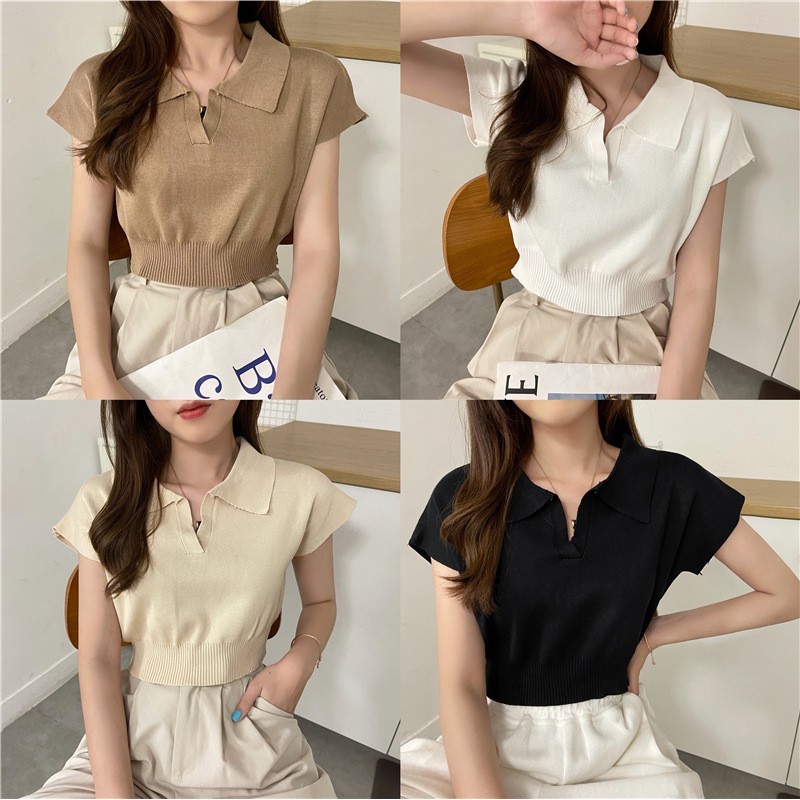 (พร้อมส่ง‼️) Knitted V-neck เสื้อคอวี เสื้อยืดสีพื้นเผู้หญิง