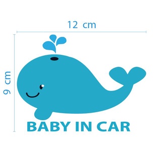 สติกเกอร์ ตัด ไดคัท รูป ปลาวาฬ สีฟ้า และคำว่า BABY IN CAR ขนาด  12 x 9 ซม. วัสดุเป็น PVC กันน้ำ สำหรับ ติด แต่ง รถ