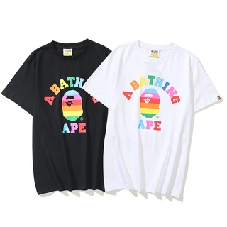 Bape เสื้อยืดลําลองสําหรับ Unisex ผ้าฝ้ายแขนสั้นพิมพ์ลายสีรุ้งทรงหลวม