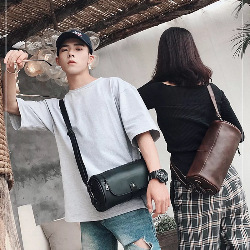 มูซอน ส่งที่อุดหูกระเป๋าหนังขนาดเล็กผู้ชายสไตล์ย้อนยุคกระเป๋ากระบอกออกแบบเฉพาะแฟชั่นเกาหลีใหม่