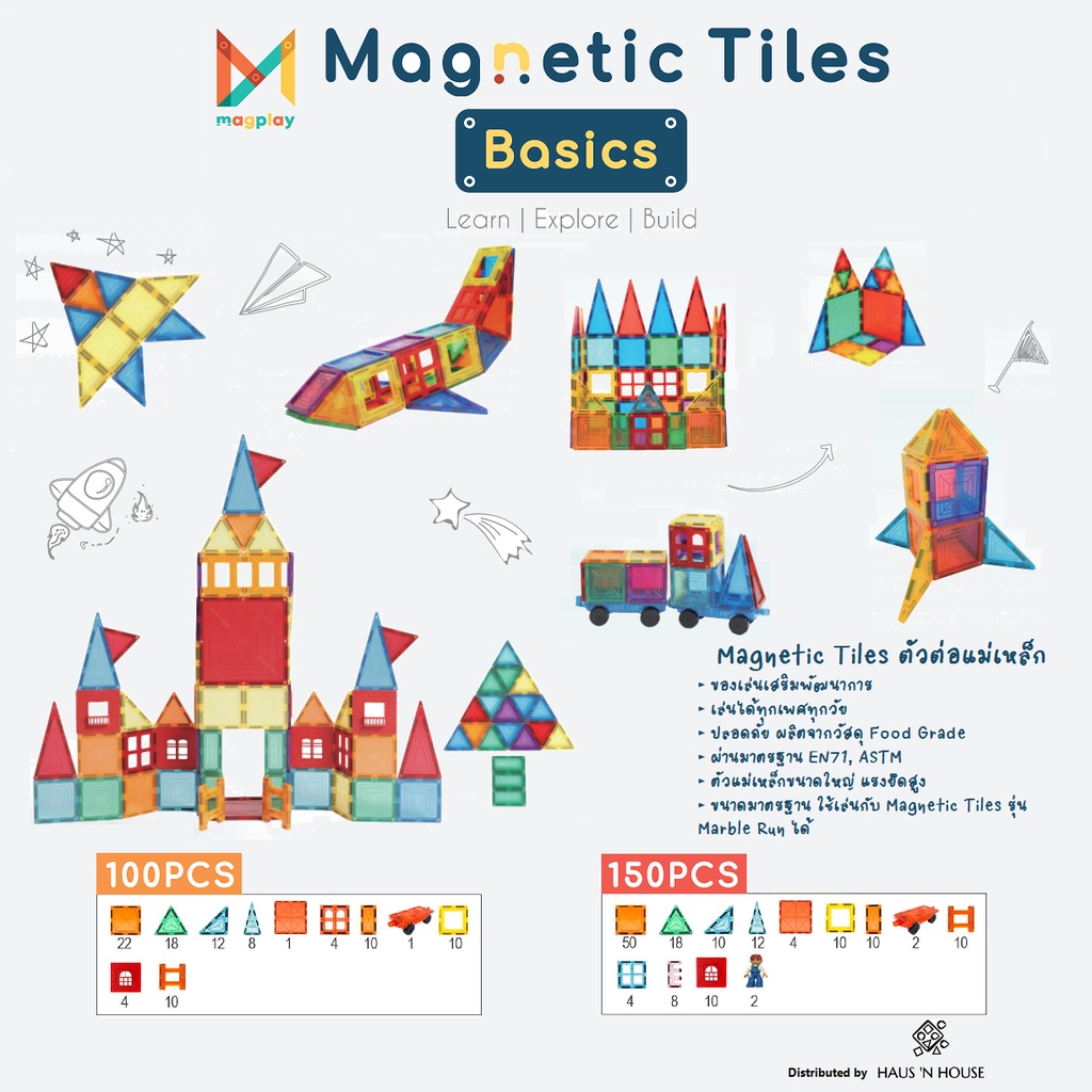 Magnetic Tiles ตัวต่อแม่เหล็ก กล่องพลาสติก ของแท้ Magplay 100/150ชิ้น 🔥ส่งไว🔥