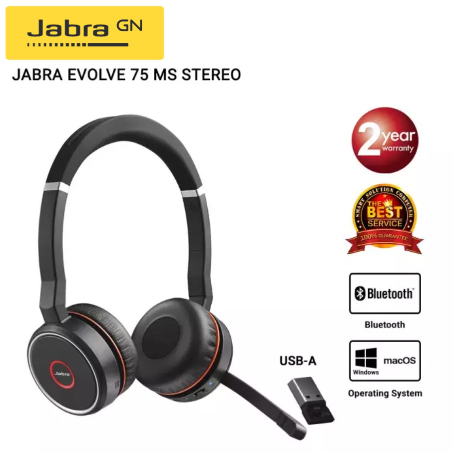 Jabra หูฟัง Call Center รุ่น Evolve 75 MS Stereo (ไม่มีแท่น)  ** No 370 Link Adapter or No Charging Stand**