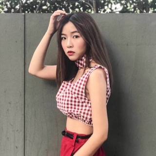 เซต crop ลายสกอต+ผ้าโพกผมสามเหลี่ยม