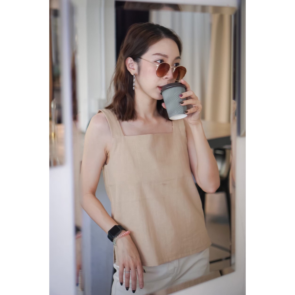 เสื้อกล้ามคอเหลี่ยม,แขนกุด,ผ้าฝ้าย,สายเดียวใหญ่
