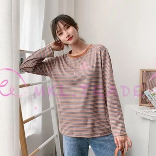 ✨Fairy style✨ เสื้อยืด แขนยาว คอกลม ลายทาง ผ้านิ่ม สวมใส่สบาย💎 #9307