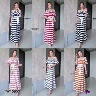 Maxi Dress แม็กซี่เดรสปาดไหล่ระบาย ลายริ้ว ผ้าบลูเวฟ แขนกุด