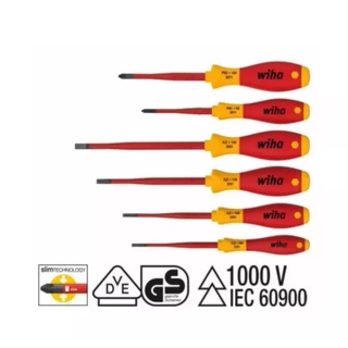 Wiha ชุดไขควงหุ้มฉนวนกันไฟฟ้า กันไฟฟ้า 1000V AC VDE ปากแบน 3,5 - 6,5+ปากแฉกPH1,PH2  6 ชิ้น สำหรับช่างไฟระดับมืออาชีพ