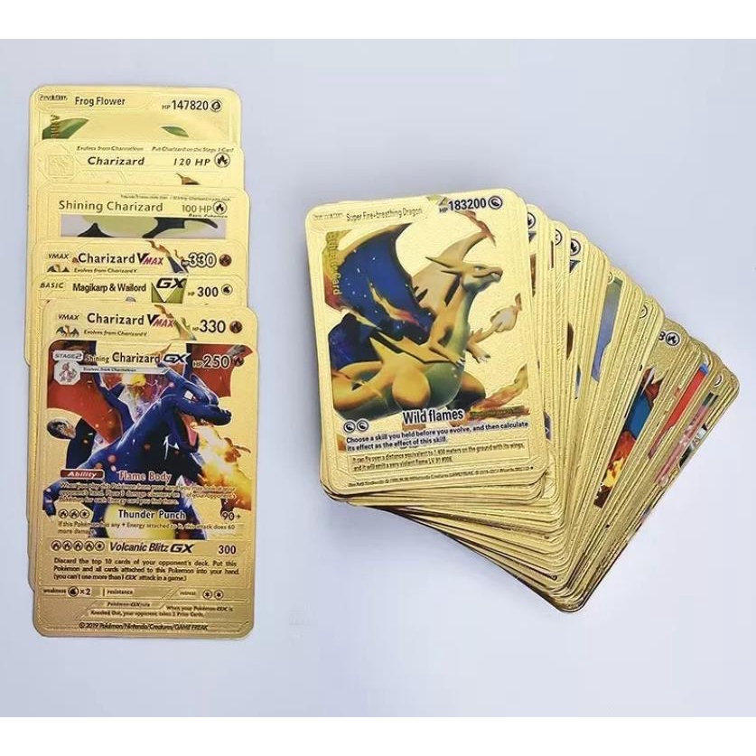 จัดส่งจากกรุงเทพฯ】55 ชิ้น/เซ็ต Pokemon Card Metal Gold Vmax GX Energy Card Charizard Pikachu 💥Pokemon Model 1 Pack ประกอ