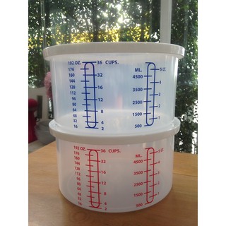 กระปุก พลาสติก กลมใหญ่ + ฝา มีสเกล สีแดง/สีฟ้า