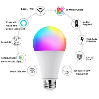 หลอดไฟไฟอัจฉริยะSmart Bulb Tuya เชื่อมต่อผ่านwifiสั่งงานระยะไกลผ่านมือถือรองรับระบบGoogle Home/Alexa