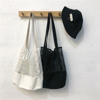 กระเป๋าสะพายข้าง ใบใหญ่ Net Tote Bag กระเป๋าผ้าเกาหลี white&amp;black