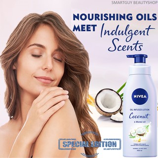 NIVEA Infused Lotion Coconut &amp; Monoi Oil 400ml โลชั่นสูตรพิเศษสำหรับผิวกายจากส่วนผสมสารสกัดมะพร้าวและน้ำมันโมนอย