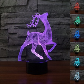 โคมไฟตั้งโต๊ะ LED รูปกวางเรนเดียร์ 3D ไล่โทนสี 7 สี ชาร์จ USB