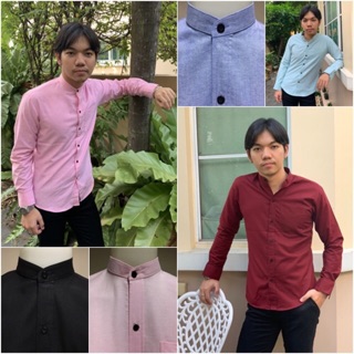 เสื้อเชิ้ตผู้ชายคอจีน แขนยาวสีพื้น ทรงเข้ารูป (slim fit) ผ้า Oxford มีหลายไซส์