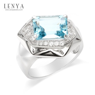 Lenya Jewelry แหวนเงินแท้ชุบทองขาว ดีไซน์สุดเก๋ ดูเท่ห์ทุกมุมมอง ประดับพลอยเม็ดใหญ่สีฟ้า โทแพซ ทรงสีเหลี่ยม