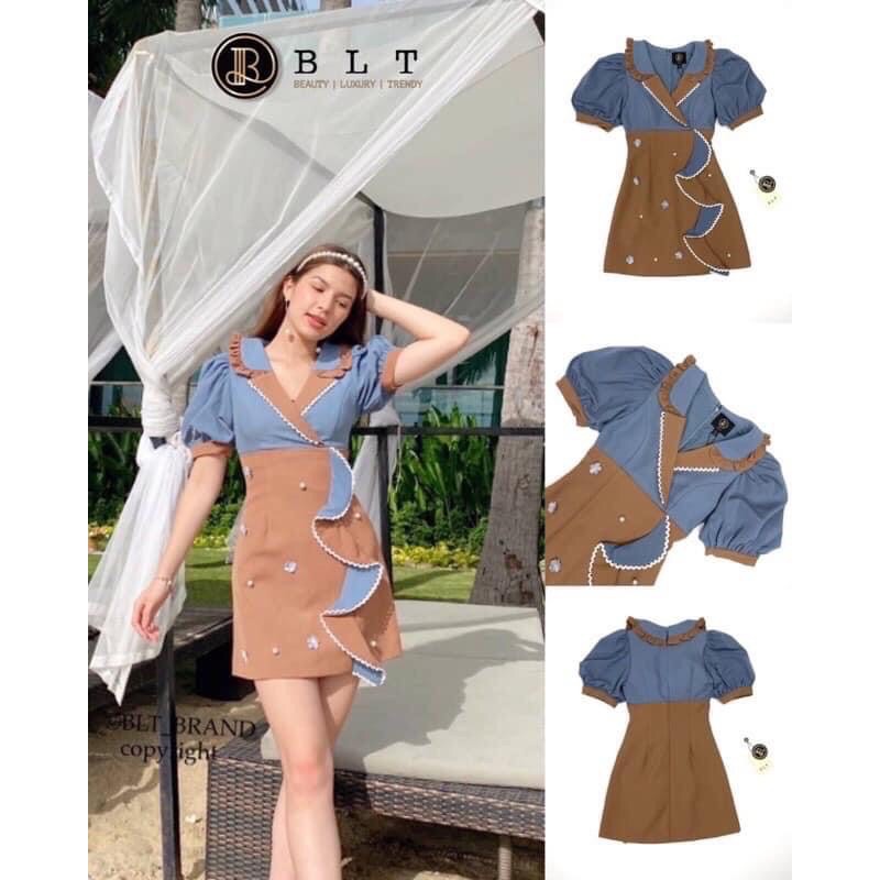 มือสอง Pecan Blue Minidress BLT BRAND : มินิเดรสสีน้ำตาลฟ้าคอปก