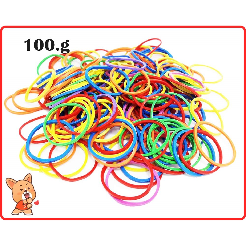 หนังยางรัดสีสวย แฟนซี 100 g ของเส้นเล็ก เนื้อยางเหนียว ยืดหยุ่นได้ดีรัดถุงแกง รัดถุงขนม รัดผม  ร้อยทำหนังยางกระโดด
