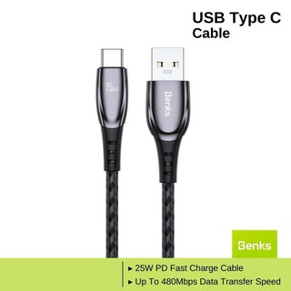 Benks PD 25W / 480 Mbps การถ่ายโอนข้อมูล ที่ทนทาน ทอ USB Type C สายเคเบิล สําหรับ iPad Pro / Macbook / Samsung