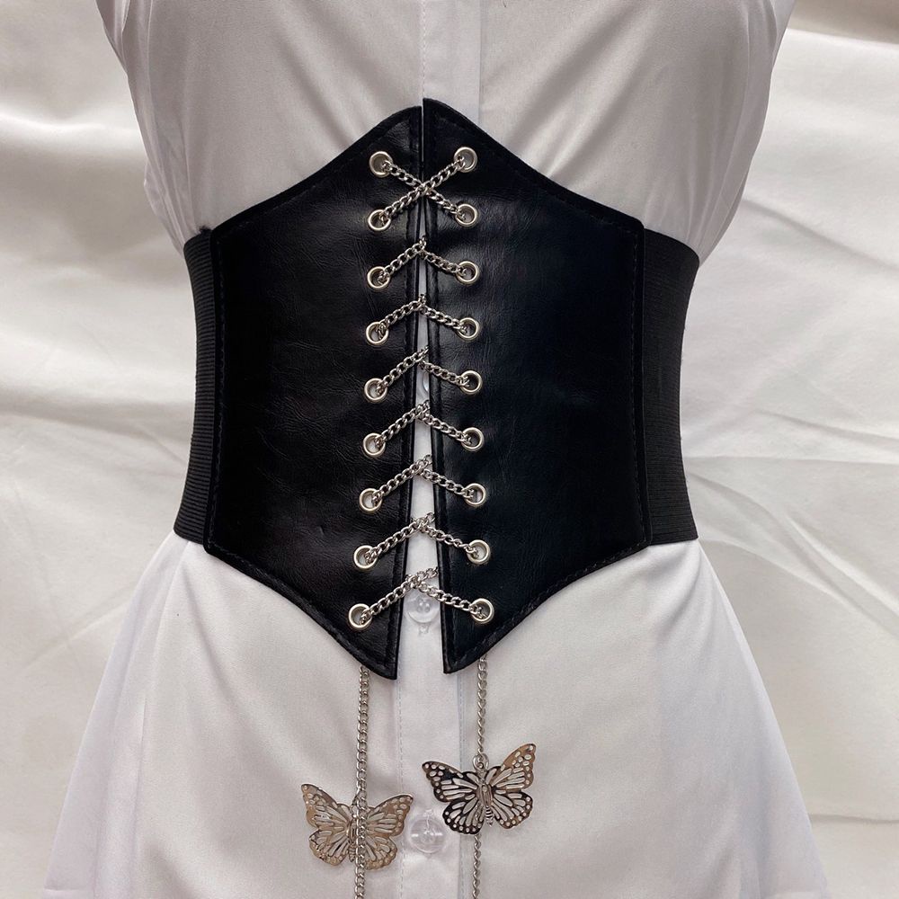 เข็มขัด หนัง PU แต่งสายโซ่ รูปผีเสื้อ หรูหรา หลากสี แบบเรียบง่าย สําหรับผู้หญิง