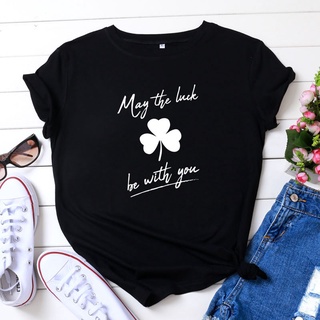 เสื้อยืดลําลอง ผ้าฝ้าย แขนสั้น คอกลม พิมพ์ลายกราฟฟิค Leaves May The Luck แฟชั่นสําหรับสตรี