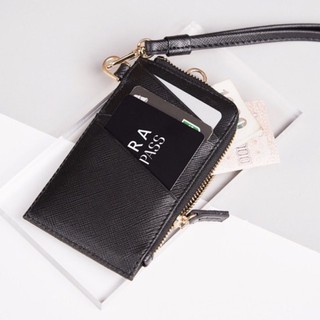 Card Holder Wallet หนังแท้ / กระเป๋าใส่บัตร คล้องคอ (Classic Black สีดำ)