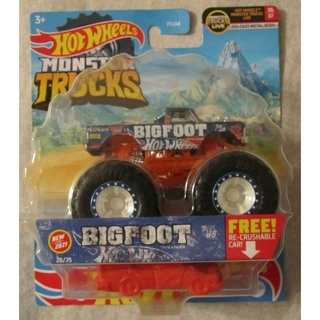 Hot Wheels Monster Trucks Live BIG FOOT W/Crushable Car~ ใหม่ รถของเล่นสําหรับเด็ก