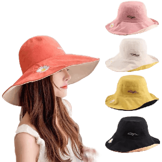 หมวกกันแดด หมวกวินเทจ หมวกแฟชั่น หมวกบักเก็ต หมวกผู้หญิง หมวกแฟชั่นหญิง งานปัก ยิ้ม ผ้าแคนวาสหนาพิเศษ ใส่ได้ 2 ด้าน