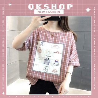 QKshop 🛍🌈 มาจ้าสาวสาวรุ่นนี้ห้ามพลาดเลยนะกับเสื้อยืดคอกลมลายตารางสกรีนลายน่ารักมากคือดีสุดสุดต้องมีติดตู้ไว้สักตัวแล้วป่