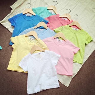 เสื้อยืดเด็ก สีพื้น คอวี ครบสี size 90-130