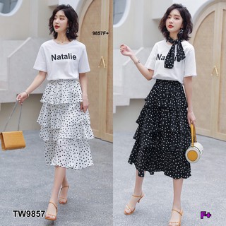 TwinsShopVip💗พร้อมส่ง TW9857 Set เสื้อแขนสั้นสกรีนตัวหนังสือ +กระโปรงจุดชั้น + สสยคล้องคอ