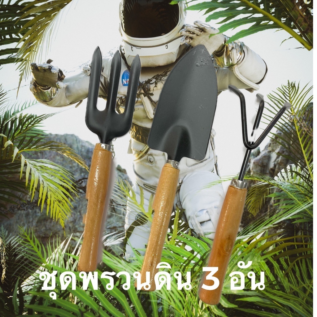 ชุดพรวนดิน ชุดปลูกต้นไม้ ชุดขุดดิน 3 อัน ด้ามไม้ ชุดเล็ก ประกอบด้วยพลั่วปลายแหลม ส้อม และคราด