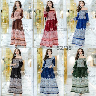 #52/35 Maxi dress bigsize แมกซี่เดรสลายไทยหยดน้ำแต่งจุดใส่ได้สองแบบ แขนยาวคอปาดใส่ยางดึงสม้อคใส่ได้สองแบบ