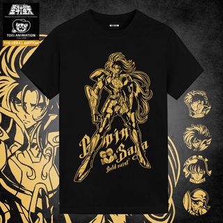 เสื้อยืดสีขาวเสื้อยืดแขนสั้น ผ้าฝ้ายแท้ พิมพ์ลาย Saint Seiya สีทอง สไตล์สตรีท สําหรับคู่รักS-4XL