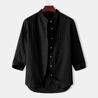 [พร้อมส่ง]เสื้อเชิ้ตผ้าลินิน，สำหรับผู้ชาย เสื้อเชิ้ตคอจีนแขนยาว，ลายทางแนวตั้ง