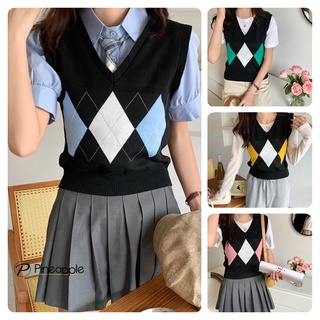 เสื้อกล้ามหญิง เสื้อกั๊ก เสื้อกล้ามไหมพรมถัก สไตล์ย้อนยุคเกาหลี Diamond plaid knitted vest 95007