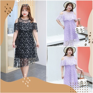 PMSWEET PLUSSIZE : PM4213 : พร้อมส่ง เสื้อผ้าไซส์ใหญ่ คนอ้วน สาวอวบ ชุดเดรสเปิดไหล่ ชุดเดรสผ้าตาข่ายปักลาย