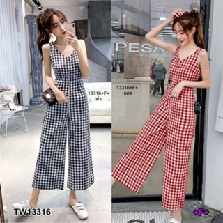 TW13316Jumpsuit จั้มสูทแขนกุด ขายาวผ้าทอลายสก็อตขากระบอก มีกระเป๋าล้วง มีซิปหลัง