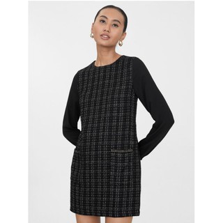 ส่งต่อ POMELO Tweed เดรส ผ้า ทวิท ทวีส ทวีต Tweed Puff Sleeve Shift Dress - Black