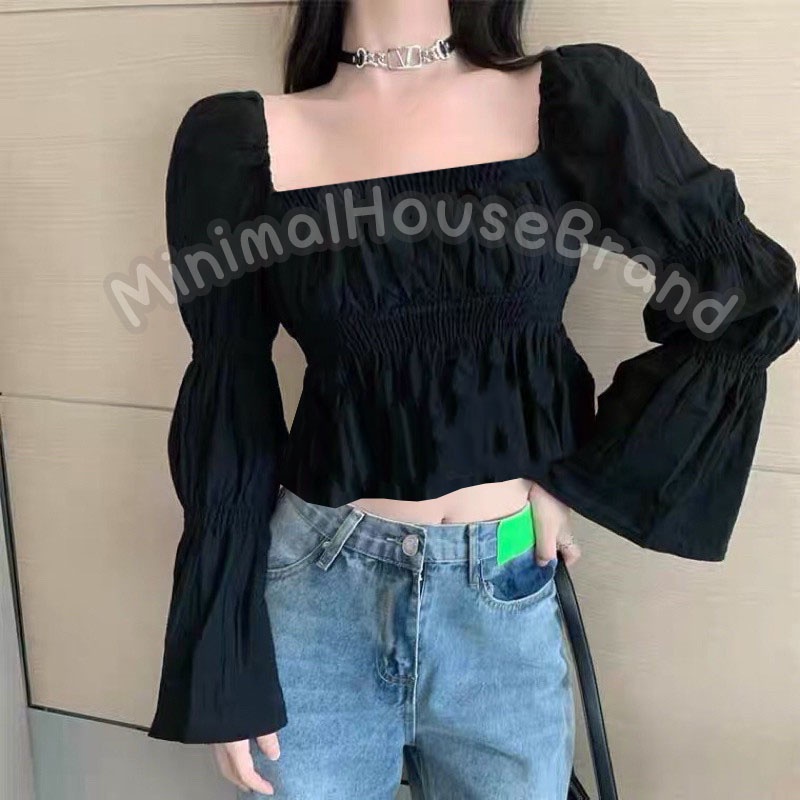 MInimalHouseBrand : เสื้อสม็อคปาดไหล่ เสื้อคอเหลี่ยม แขนยาวสม็อคพองๆแบบตุ๊กตาผรั่งเศส สีหวานน่ารัก