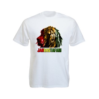 เสื้อยืดราสต้าTee-Shirt Jah Rastafari Lion Head เสื้อยืดคอกลมสีขาว/สีดำสกรีนลายหัวสิงโต สีราสต้า White/Black Tee-Shirt