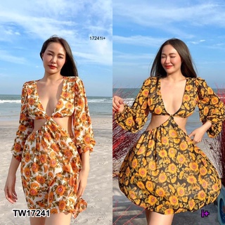 17241 Dress เดรสชีฟองแขนยาวเว้าเอวลายดอกทานตะวัน Long sleeve chiffon dress with sunflower print.